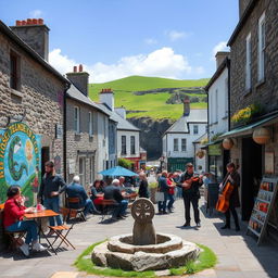 A vibrant scene blending Celtic mysticism with modern life in the West of Ireland