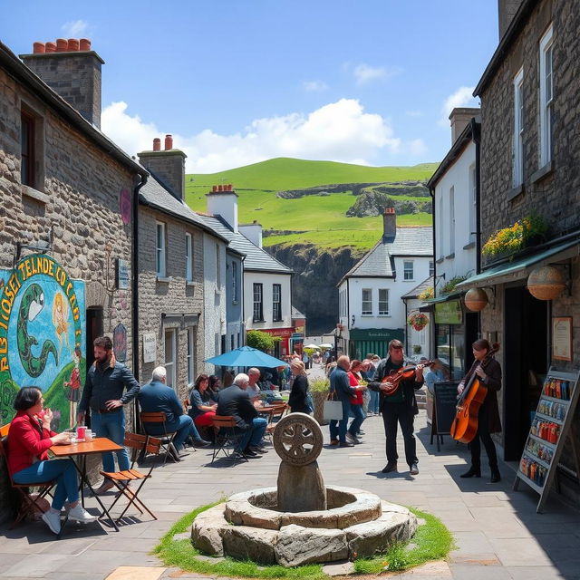 A vibrant scene blending Celtic mysticism with modern life in the West of Ireland