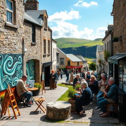 A vibrant scene blending Celtic mysticism with modern life in the West of Ireland