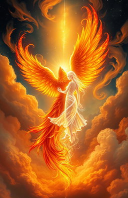 A vibrant and mystical scene featuring a phoenix and a soul intertwined in a beautiful dance of flames and ethereal light