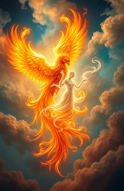 A vibrant and mystical scene featuring a phoenix and a soul intertwined in a beautiful dance of flames and ethereal light