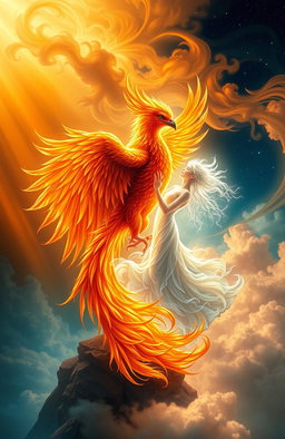 A vibrant and mystical scene featuring a phoenix and a soul intertwined in a beautiful dance of flames and ethereal light