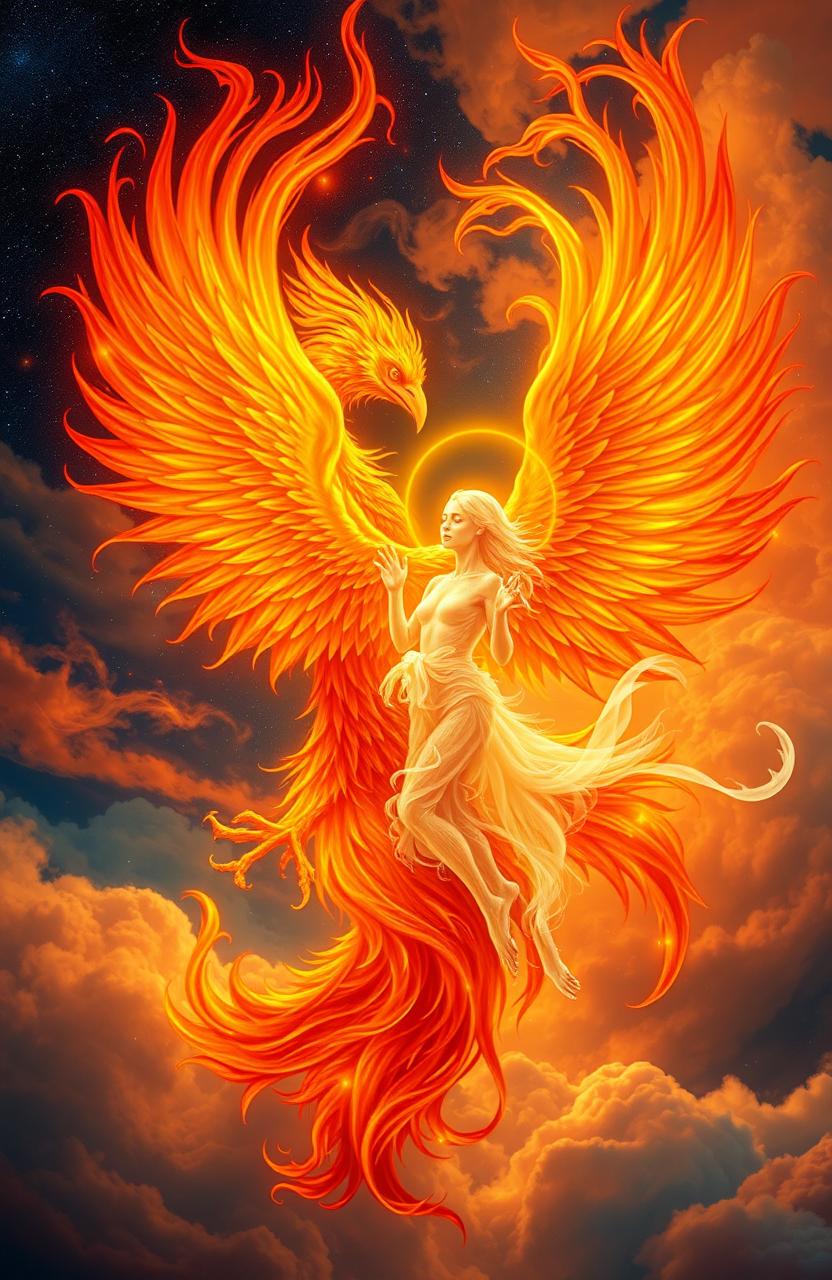 A vibrant and mystical scene featuring a phoenix and a soul intertwined in a beautiful dance of flames and ethereal light