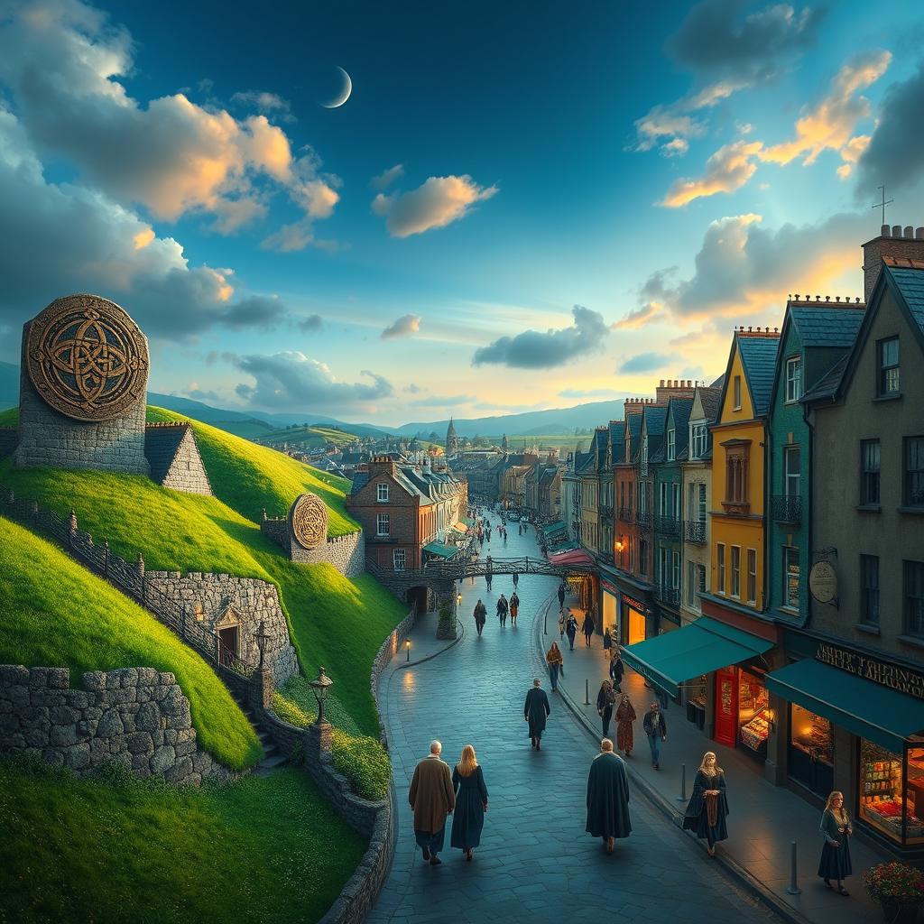 A stunning representation of Celtic mysticism intertwined with the vibrant urban landscape of Galway city