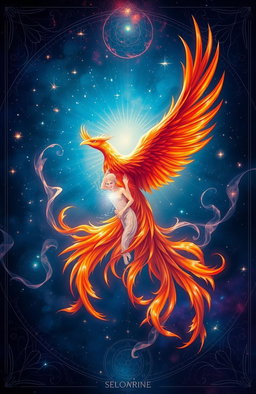 A vibrant and mystical depiction of a phoenix and a soul entwined in a radiant embrace