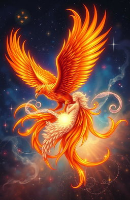 A vibrant and mystical depiction of a phoenix and a soul entwined in a radiant embrace