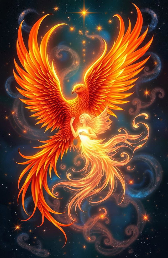 A vibrant and mystical depiction of a phoenix and a soul entwined in a radiant embrace