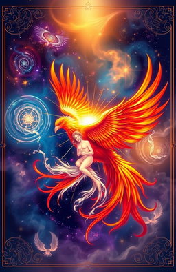 A vibrant and mystical depiction of a phoenix and a soul entwined in a radiant embrace