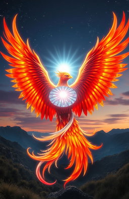A majestic phoenix and a glowing soul intertwined in a display of vibrant colors and ethereal light