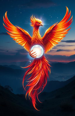 A majestic phoenix and a glowing soul intertwined in a display of vibrant colors and ethereal light