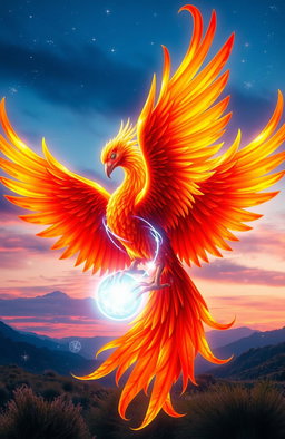 A majestic phoenix and a glowing soul intertwined in a display of vibrant colors and ethereal light