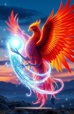A majestic phoenix and a glowing soul intertwined in a display of vibrant colors and ethereal light