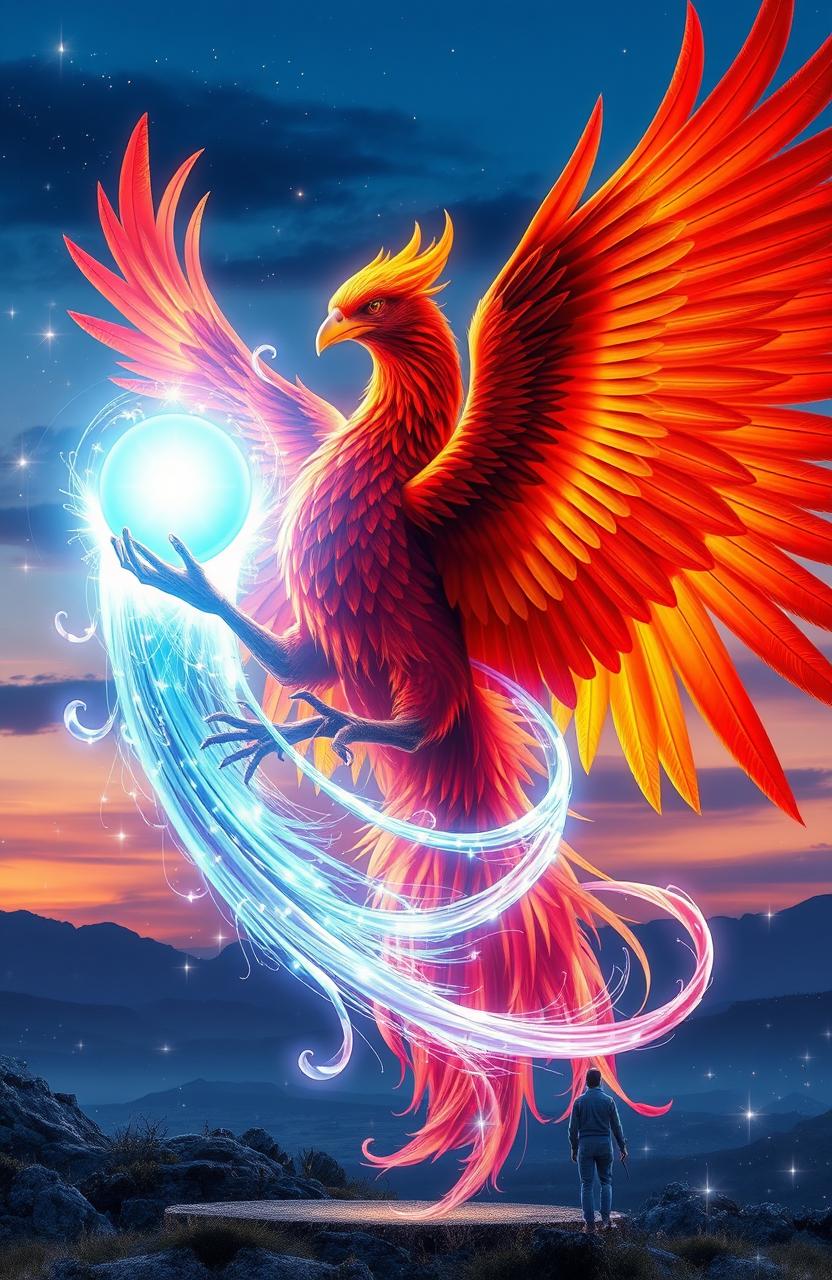 A majestic phoenix and a glowing soul intertwined in a display of vibrant colors and ethereal light