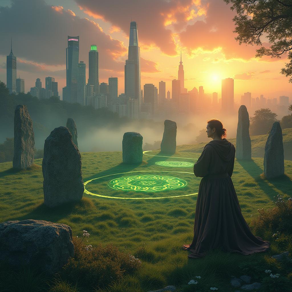 A captivating scene that merges Celtic mysticism with the modern world