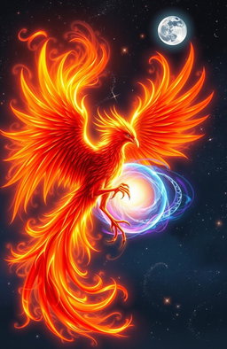 A majestic phoenix entwined with a luminous, swirling soul energy, both enveloped in radiant flames that cast a warm glow