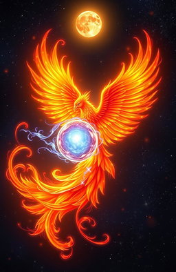 A majestic phoenix entwined with a luminous, swirling soul energy, both enveloped in radiant flames that cast a warm glow