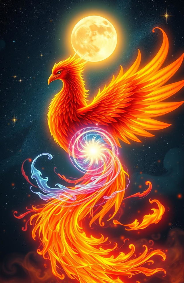 A majestic phoenix entwined with a luminous, swirling soul energy, both enveloped in radiant flames that cast a warm glow