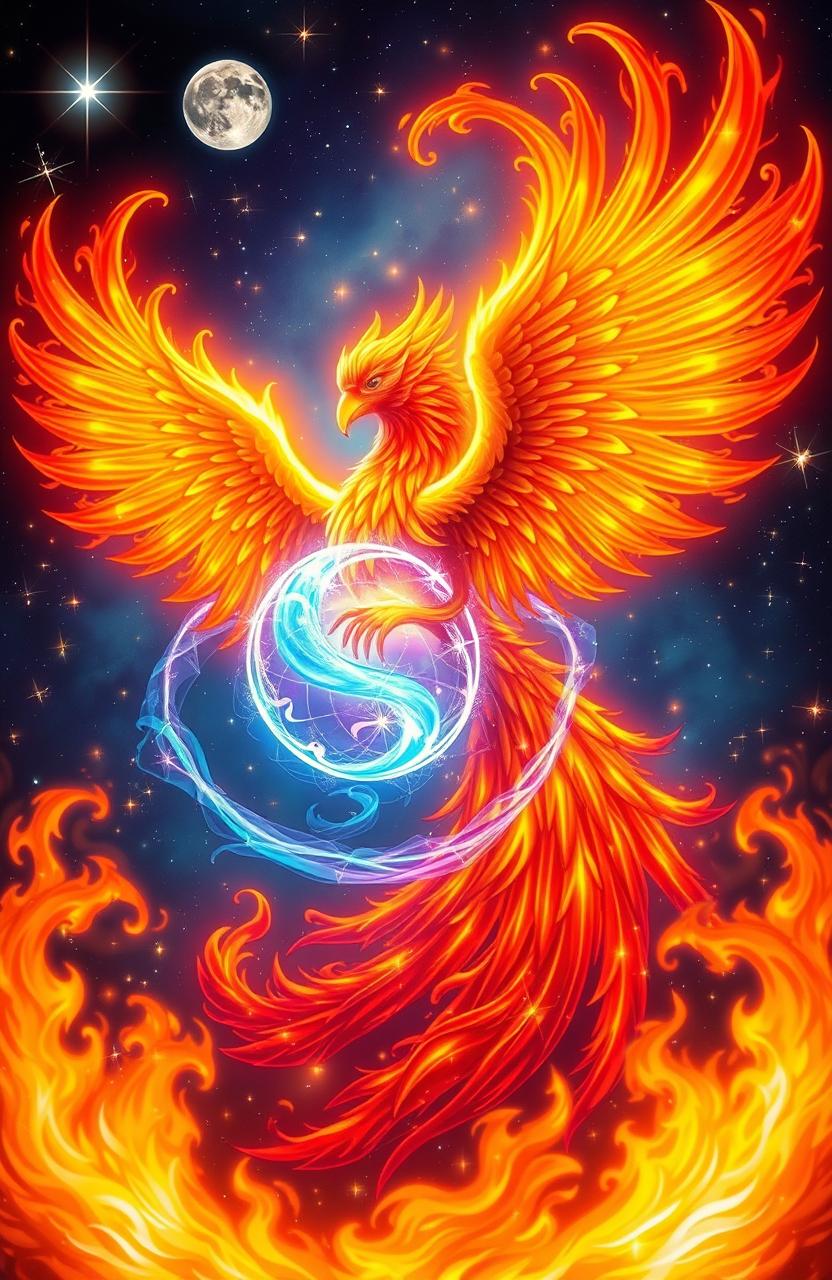 A majestic phoenix entwined with a luminous, swirling soul energy, both enveloped in radiant flames that cast a warm glow