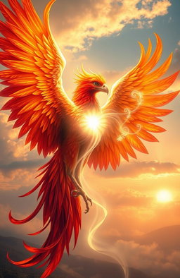 A magnificent phoenix, with vibrant red and gold feathers, is beautifully intertwined with a glowing, ethereal soul depicted as a radiant light