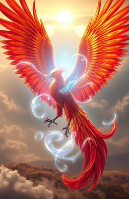 A magnificent phoenix, with vibrant red and gold feathers, is beautifully intertwined with a glowing, ethereal soul depicted as a radiant light