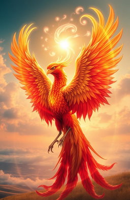 A magnificent phoenix, with vibrant red and gold feathers, is beautifully intertwined with a glowing, ethereal soul depicted as a radiant light