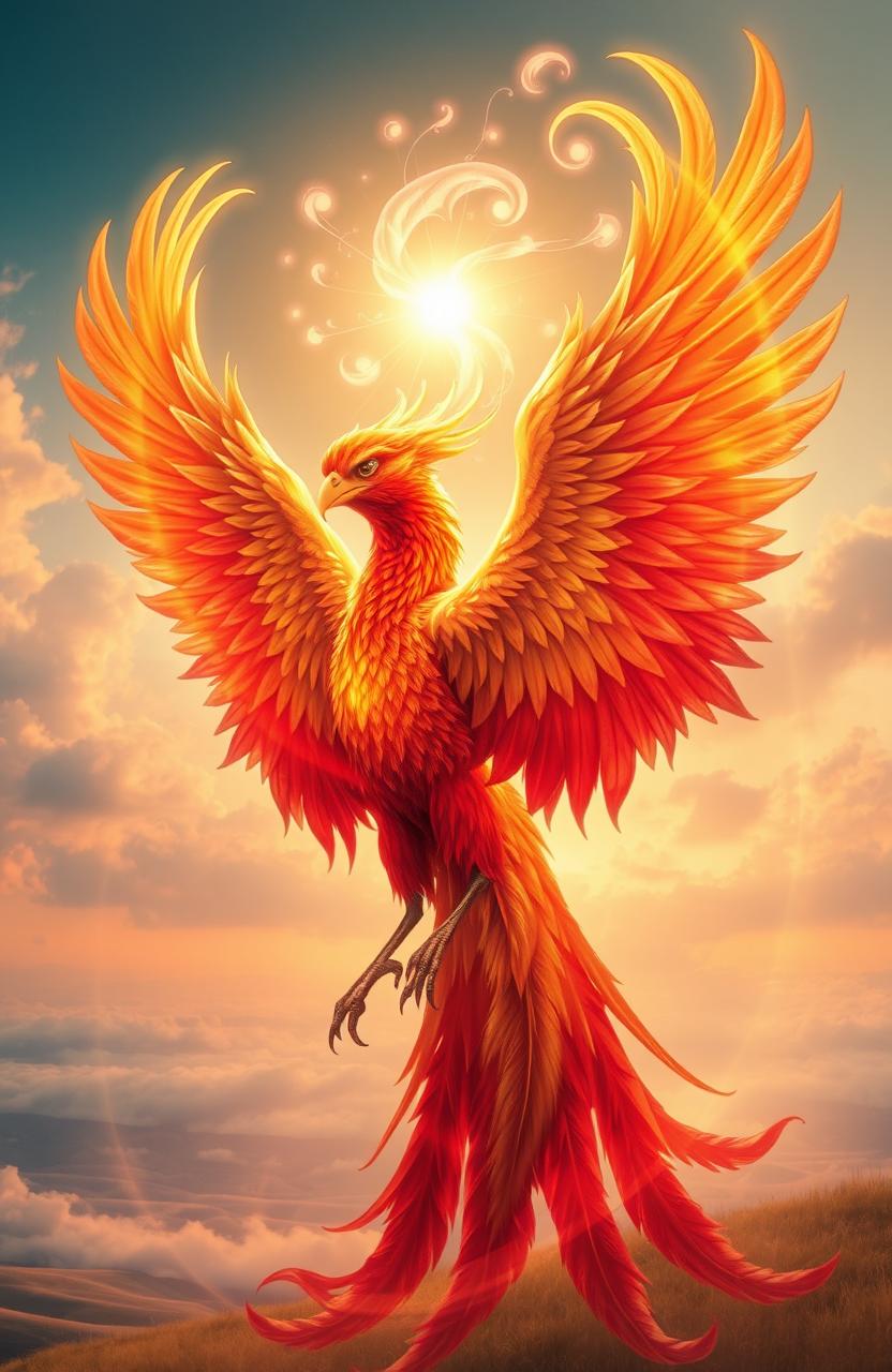A magnificent phoenix, with vibrant red and gold feathers, is beautifully intertwined with a glowing, ethereal soul depicted as a radiant light