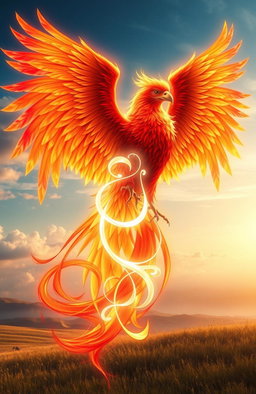 A magnificent phoenix, with vibrant red and gold feathers, is beautifully intertwined with a glowing, ethereal soul depicted as a radiant light