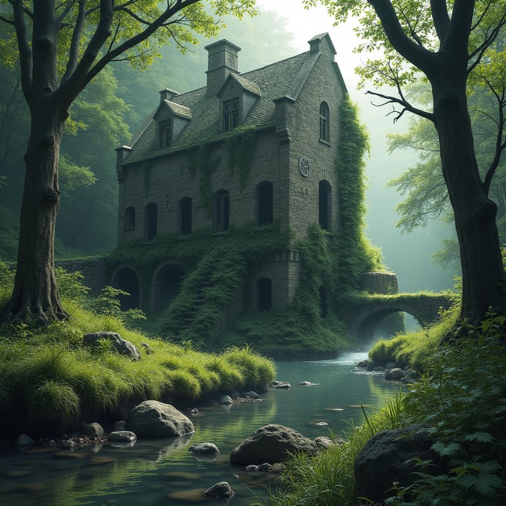 A hauntingly beautiful scene of an old abandoned mill shrouded in overgrown vegetation
