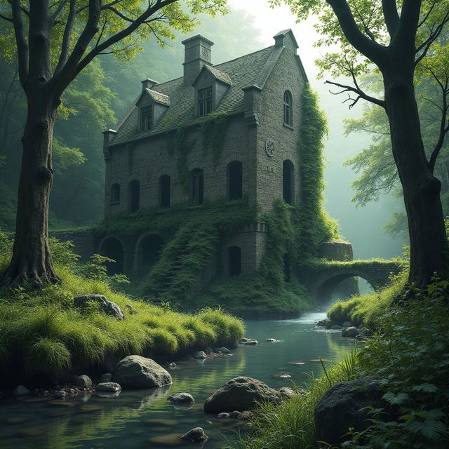 A hauntingly beautiful scene of an old abandoned mill shrouded in overgrown vegetation