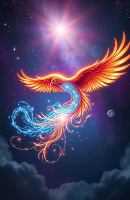 A mystical scene featuring a vibrant phoenix soaring majestically through the air, its fiery plumage radiating warmth and light