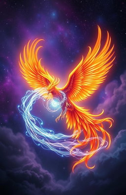 A mystical scene featuring a vibrant phoenix soaring majestically through the air, its fiery plumage radiating warmth and light