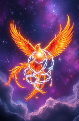 A mystical scene featuring a vibrant phoenix soaring majestically through the air, its fiery plumage radiating warmth and light
