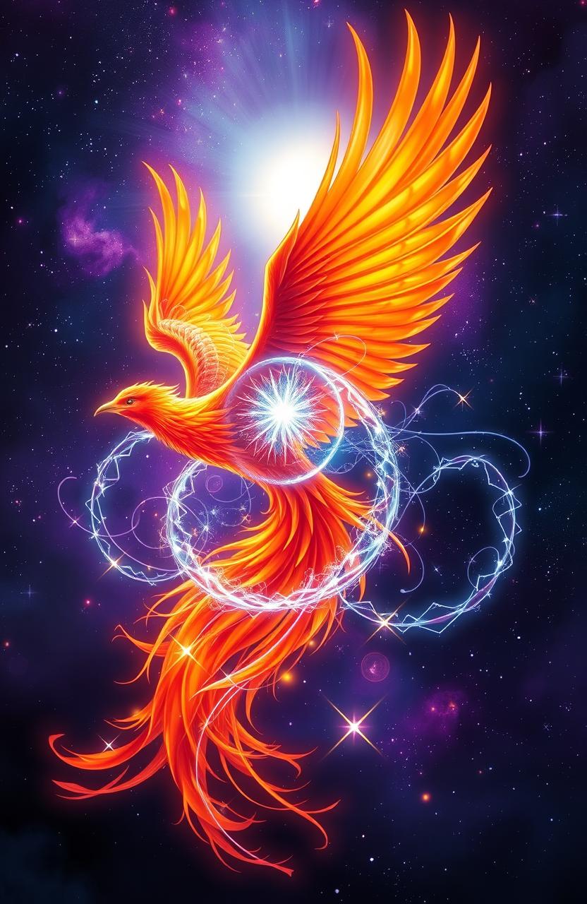 A mystical scene featuring a vibrant phoenix soaring majestically through the air, its fiery plumage radiating warmth and light