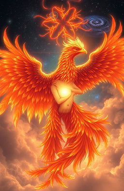 A magnificent phoenix and a radiant human soul entwined together in a celestial embrace, surrounded by vibrant flames and ethereal light