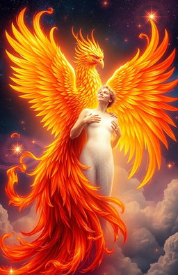 A magnificent phoenix and a radiant human soul entwined together in a celestial embrace, surrounded by vibrant flames and ethereal light