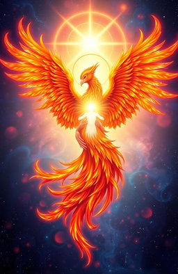 A magnificent phoenix and a radiant human soul entwined together in a celestial embrace, surrounded by vibrant flames and ethereal light