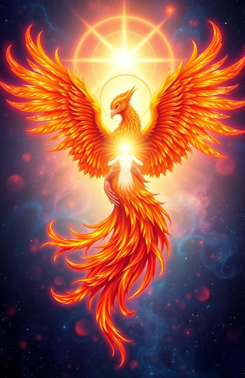 A magnificent phoenix and a radiant human soul entwined together in a celestial embrace, surrounded by vibrant flames and ethereal light