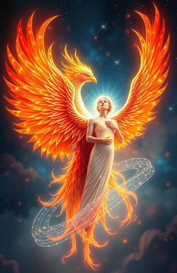 A magnificent phoenix and a radiant human soul entwined together in a celestial embrace, surrounded by vibrant flames and ethereal light