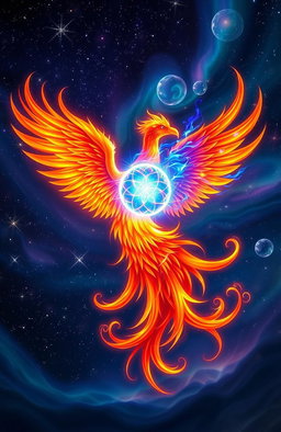 A majestic phoenix and a vibrant soul entwined together, showcasing their harmonious connection