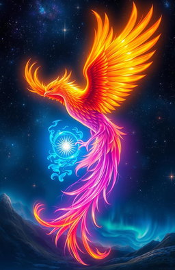 A majestic phoenix and a vibrant soul entwined together, showcasing their harmonious connection
