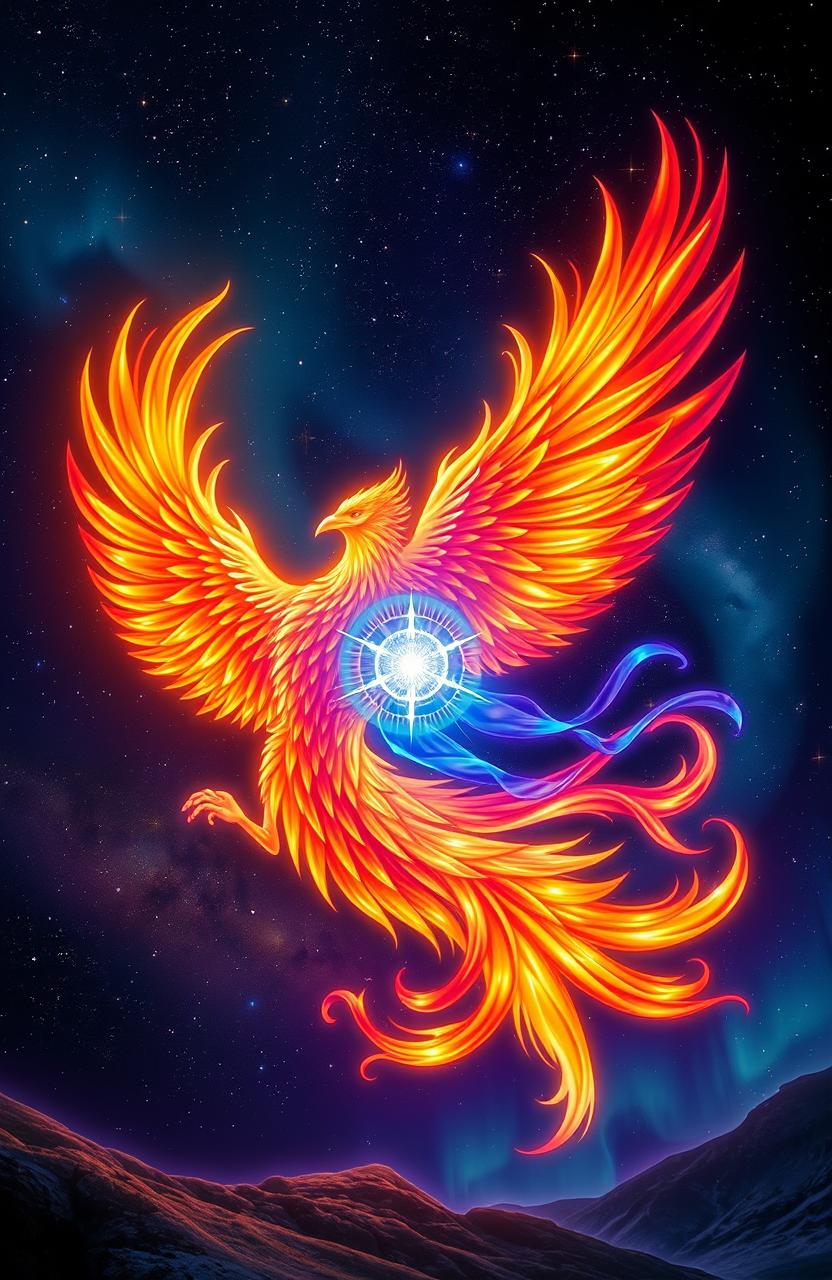 A majestic phoenix and a vibrant soul entwined together, showcasing their harmonious connection