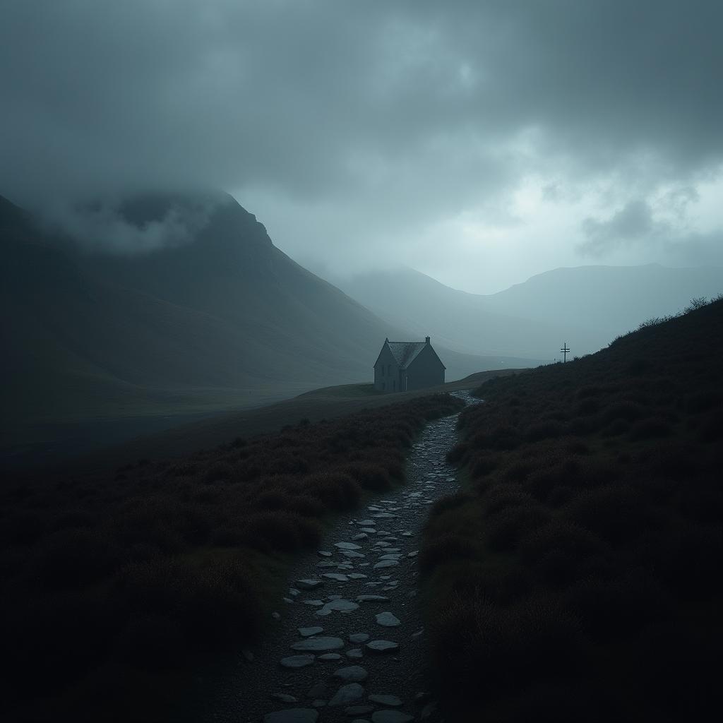 A shadowy Connemara landscape shrouded in a moody atmosphere