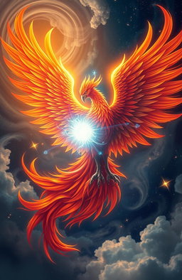 A stunning visual of a majestic phoenix and a glowing soul intertwined in a harmonious embrace