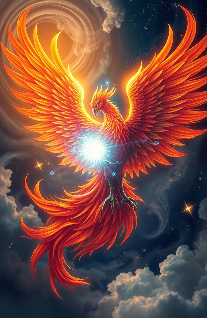 A stunning visual of a majestic phoenix and a glowing soul intertwined in a harmonious embrace