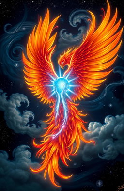 A stunning visual of a majestic phoenix and a glowing soul intertwined in a harmonious embrace