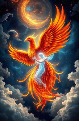 A stunning visual of a majestic phoenix and a glowing soul intertwined in a harmonious embrace