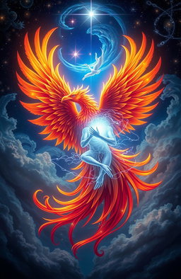 A stunning visual of a majestic phoenix and a glowing soul intertwined in a harmonious embrace