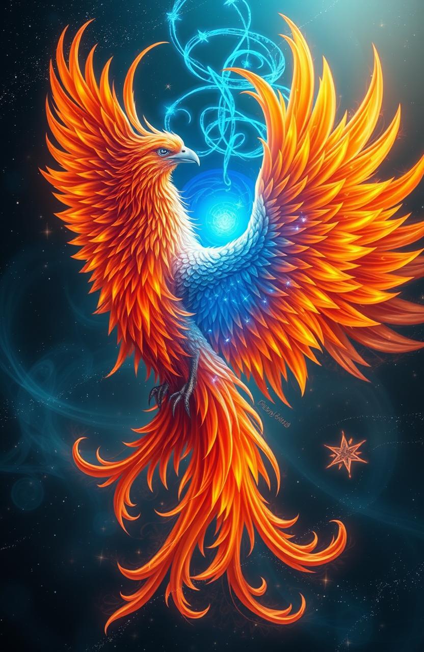A majestic phoenix and a glowing soul intertwined in an ethereal embrace, showcasing vibrant flames of orange, red, and gold contrasting against the soft blue glow of the soul, with a mystical background of stars and galaxies swirling around them