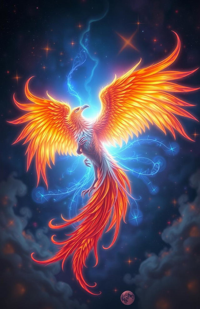 A majestic phoenix and a glowing soul intertwined in an ethereal embrace, showcasing vibrant flames of orange, red, and gold contrasting against the soft blue glow of the soul, with a mystical background of stars and galaxies swirling around them