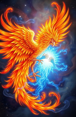 A majestic phoenix and a glowing soul intertwined in an ethereal embrace, showcasing vibrant flames of orange, red, and gold contrasting against the soft blue glow of the soul, with a mystical background of stars and galaxies swirling around them
